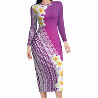 Tahiti Plumeria Tribal Pattern Long Sleeve Bodycon Dress Wave Style Purple LT05 Long Dress Purple - Polynesian Pride