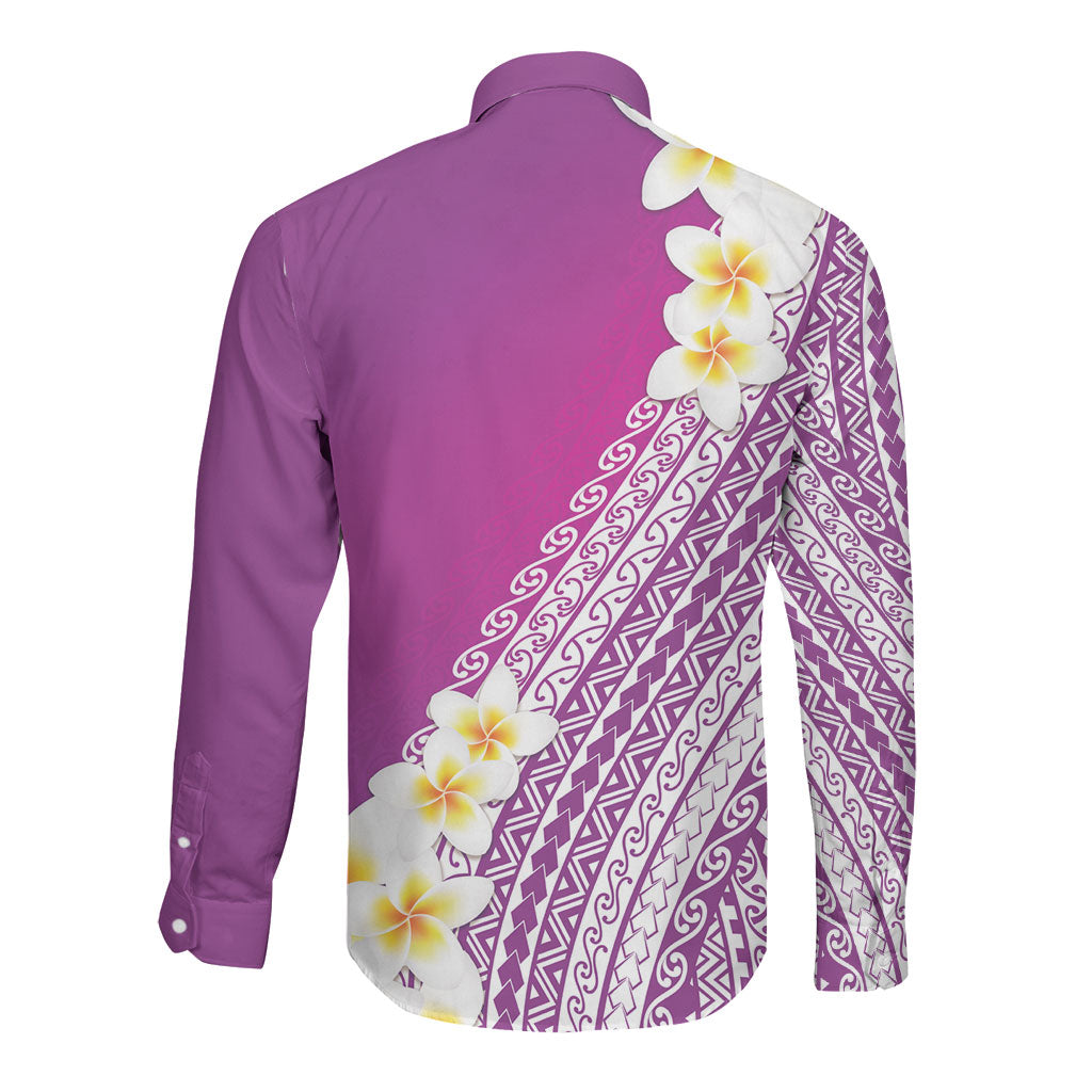 Tahiti Plumeria Tribal Pattern Long Sleeve Button Shirt Wave Style Purple LT05 - Polynesian Pride