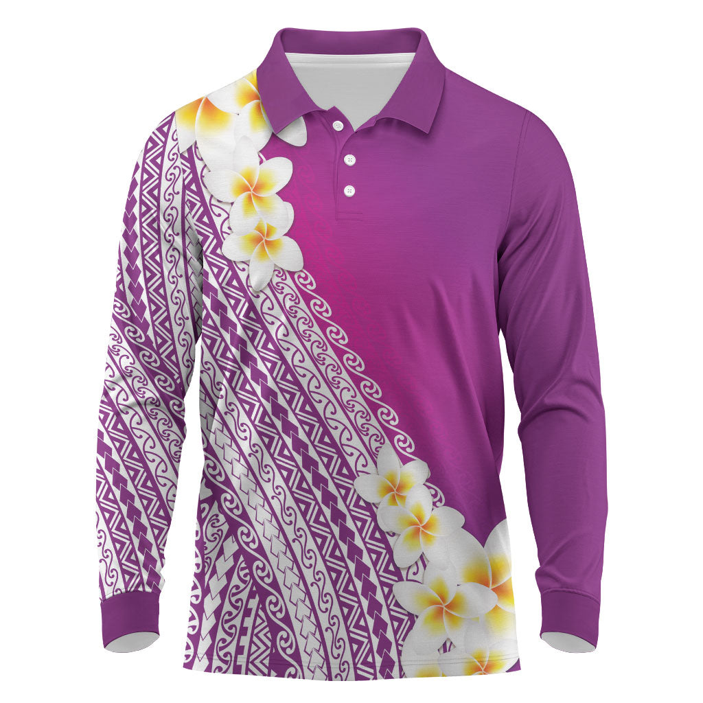 Tahiti Plumeria Tribal Pattern Long Sleeve Polo Shirt Wave Style Purple LT05 Purple - Polynesian Pride