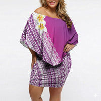 Tahiti Plumeria Tribal Pattern Off Shoulder Short Dress Wave Style Purple LT05 Women Purple - Polynesian Pride