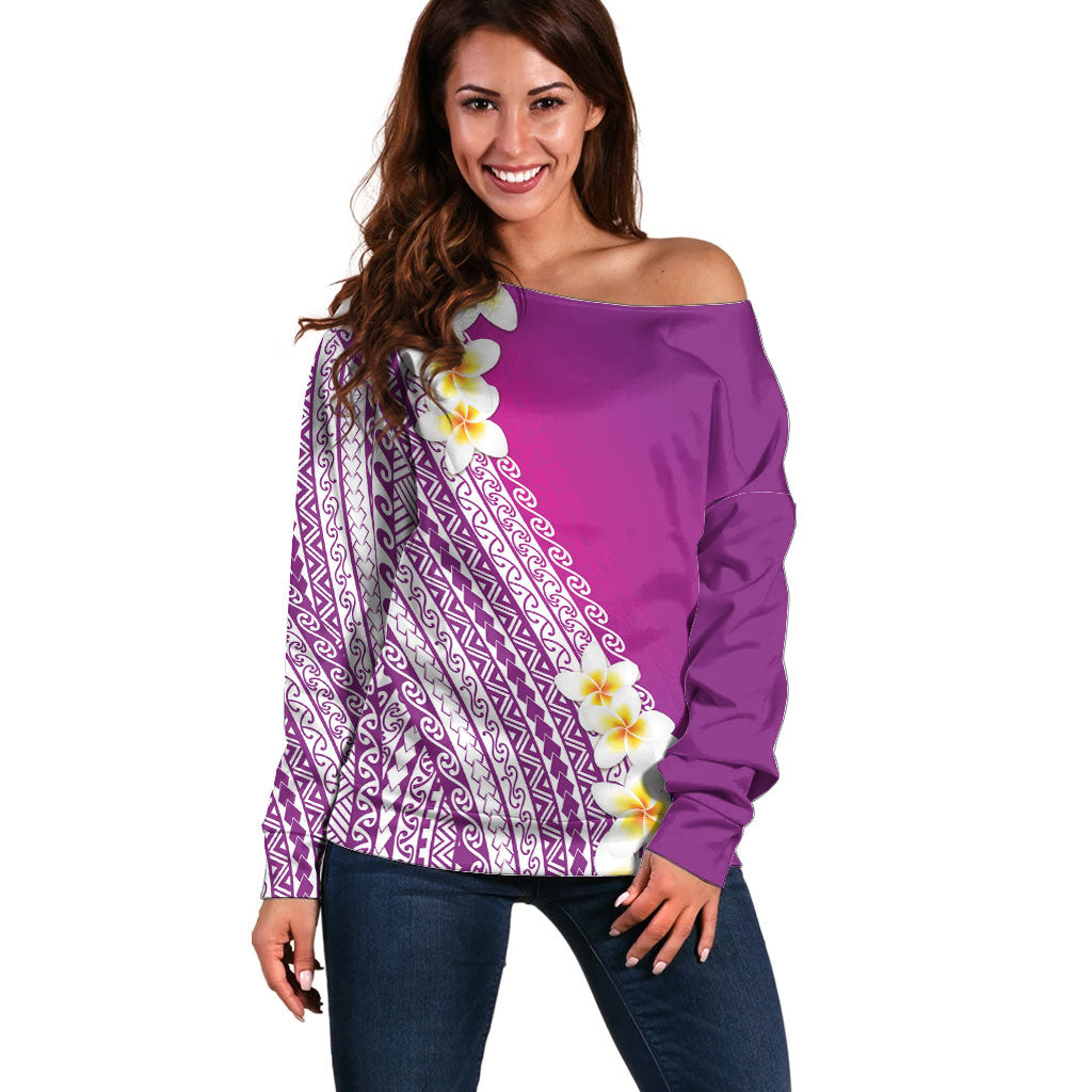 Tahiti Plumeria Tribal Pattern Off Shoulder Sweater Wave Style Purple LT05 Women Purple - Polynesian Pride