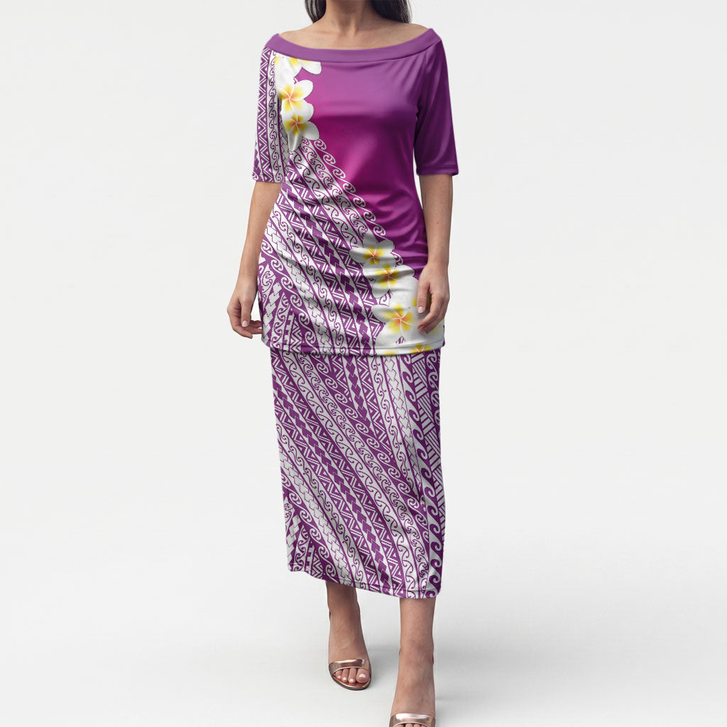 Tahiti Plumeria Tribal Pattern Puletasi Wave Style Purple LT05 Long Dress Purple - Polynesian Pride