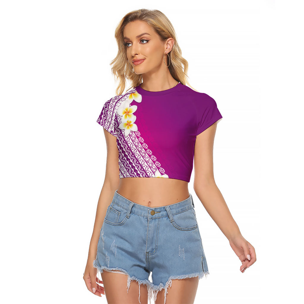 Tahiti Plumeria Tribal Pattern Raglan Cropped T Shirt Wave Style Purple LT05 Female Purple - Polynesian Pride