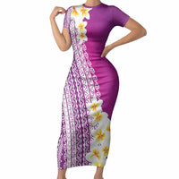 Tahiti Plumeria Tribal Pattern Short Sleeve Bodycon Dress Wave Style Purple LT05 Long Dress Purple - Polynesian Pride