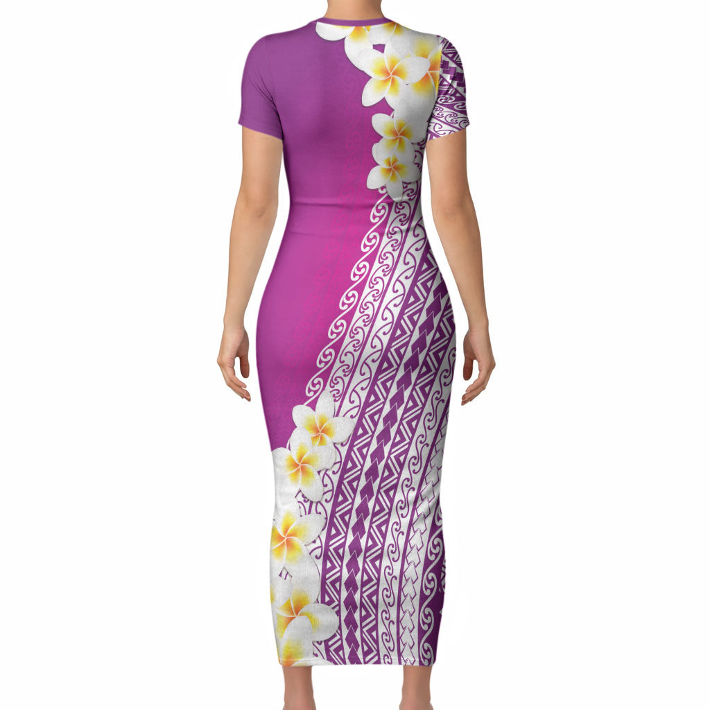 Tahiti Plumeria Tribal Pattern Short Sleeve Bodycon Dress Wave Style Purple LT05 - Polynesian Pride