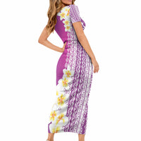 Tahiti Plumeria Tribal Pattern Short Sleeve Bodycon Dress Wave Style Purple LT05 - Polynesian Pride
