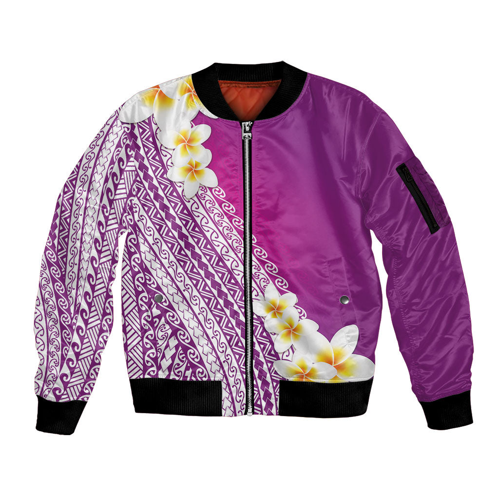Tahiti Plumeria Tribal Pattern Sleeve Zip Bomber Jacket Wave Style Purple LT05 Unisex Purple - Polynesian Pride