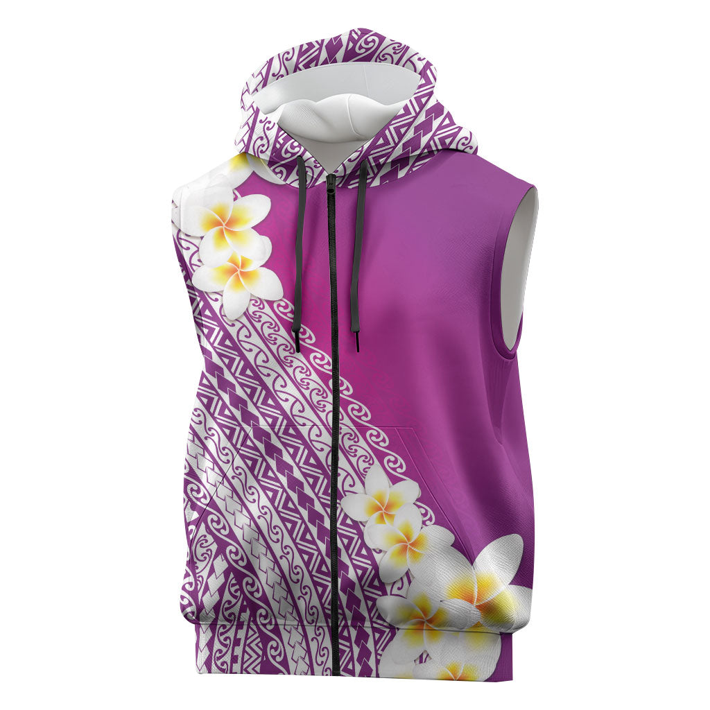 Tahiti Plumeria Tribal Pattern Sleeveless Zip Hoodie Wave Style Purple LT05 Purple - Polynesian Pride