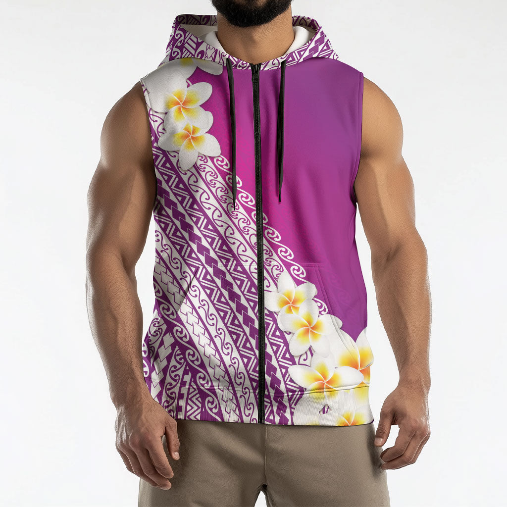 Tahiti Plumeria Tribal Pattern Sleeveless Zip Hoodie Wave Style Purple LT05 - Polynesian Pride
