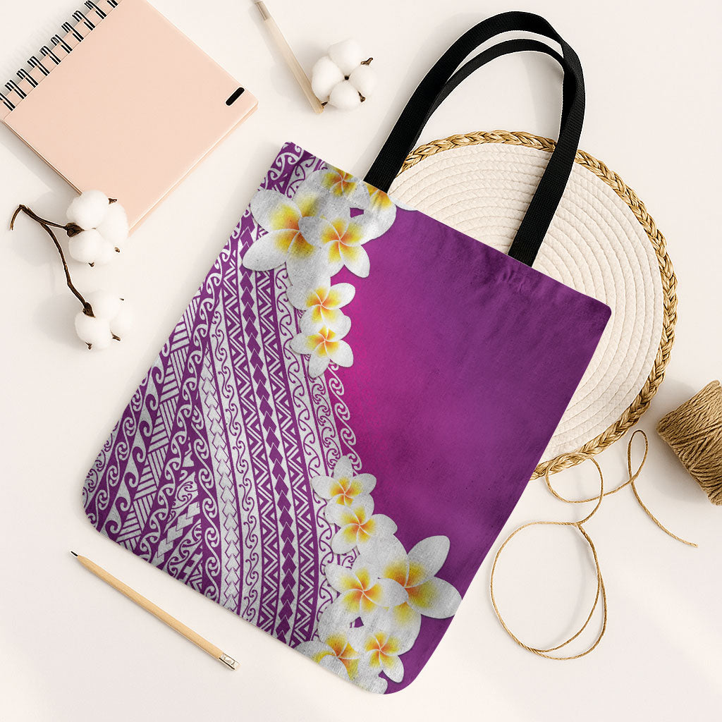 Tahiti Plumeria Tribal Pattern Tote Bag Wave Style Purple LT05 Black Strap One Size Purple - Polynesian Pride