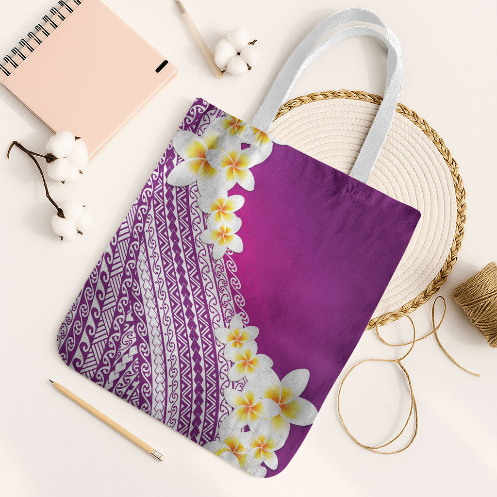 Tahiti Plumeria Tribal Pattern Tote Bag Wave Style Purple LT05 White Strap One Size Purple - Polynesian Pride