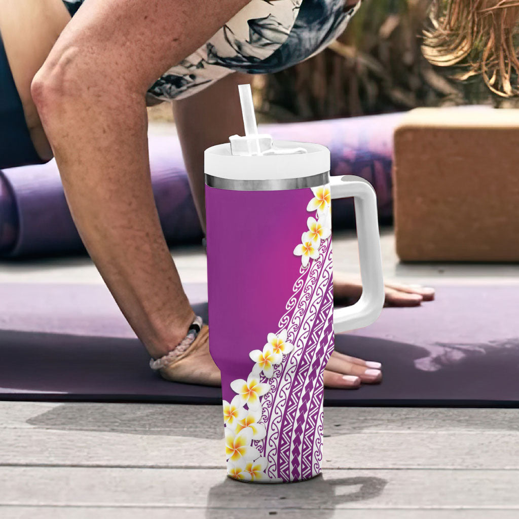 Tahiti Plumeria Tribal Pattern Tumbler With Handle Wave Style Purple LT05 - Polynesian Pride