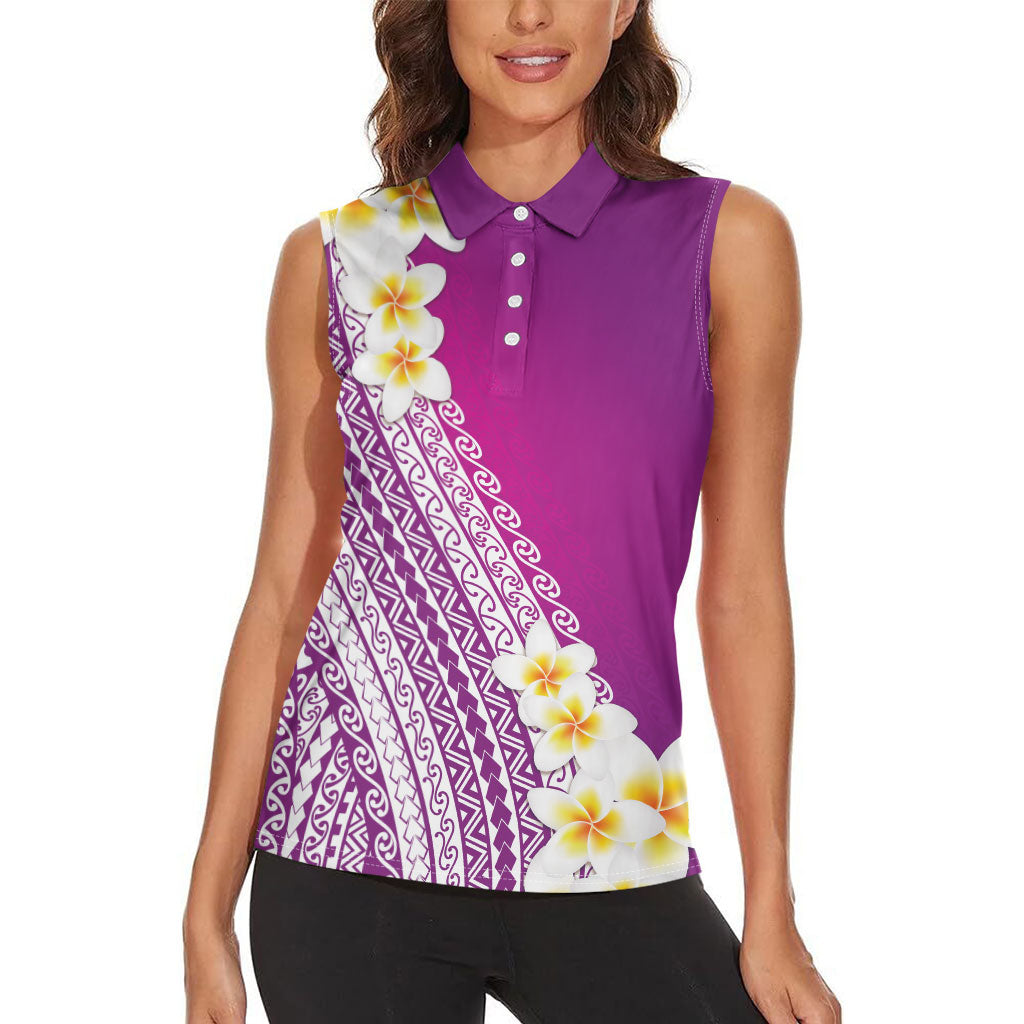Tahiti Plumeria Tribal Pattern Women Sleeveless Polo Shirt Wave Style Purple LT05 - Polynesian Pride