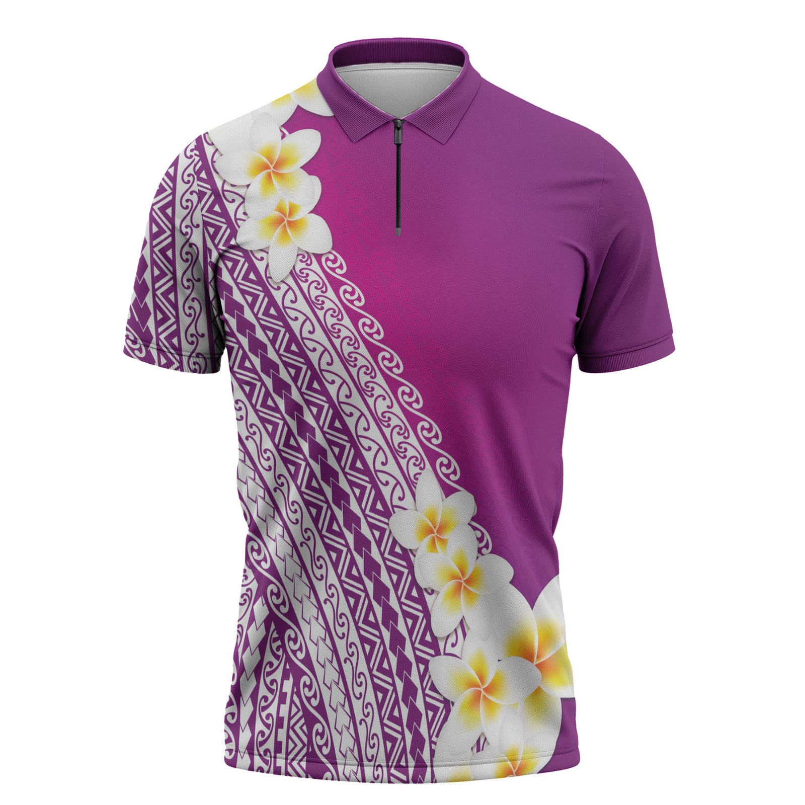 Tahiti Plumeria Tribal Pattern Zipper Polo Shirt Wave Style Purple LT05 Purple - Polynesian Pride