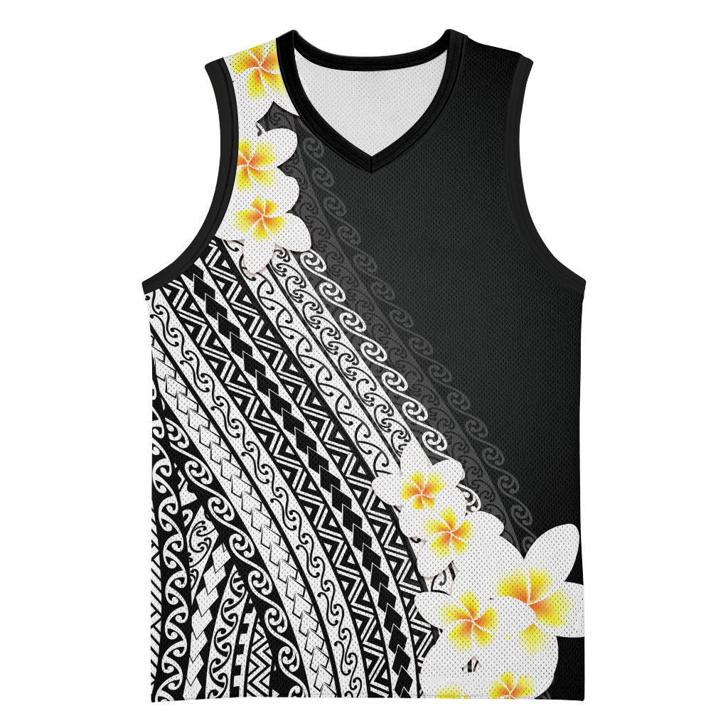 Tahiti Plumeria Tribal Pattern Basketball Jersey Wave Style Black LT05 Unisex Black - Polynesian Pride