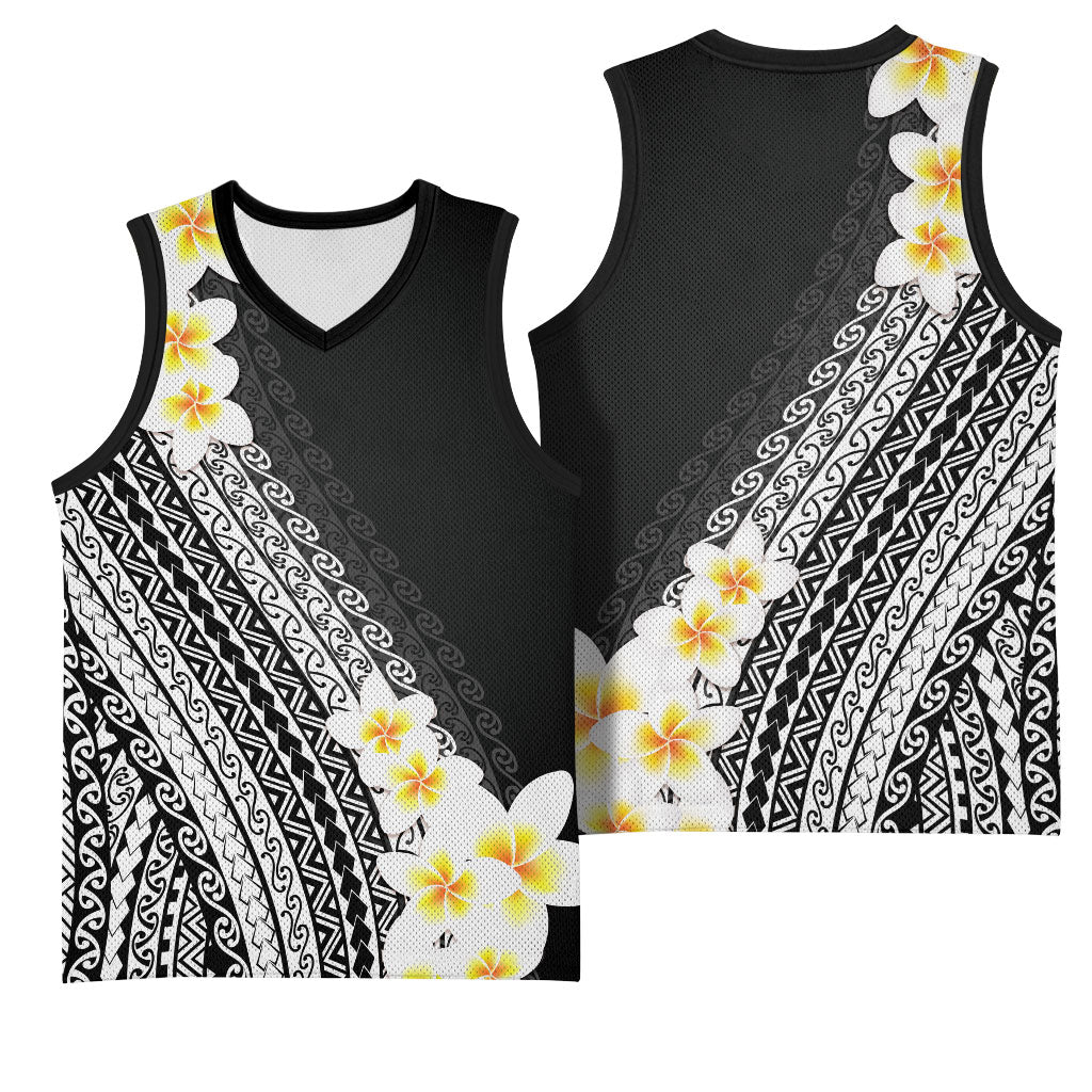 Tahiti Plumeria Tribal Pattern Basketball Jersey Wave Style Black LT05 - Polynesian Pride