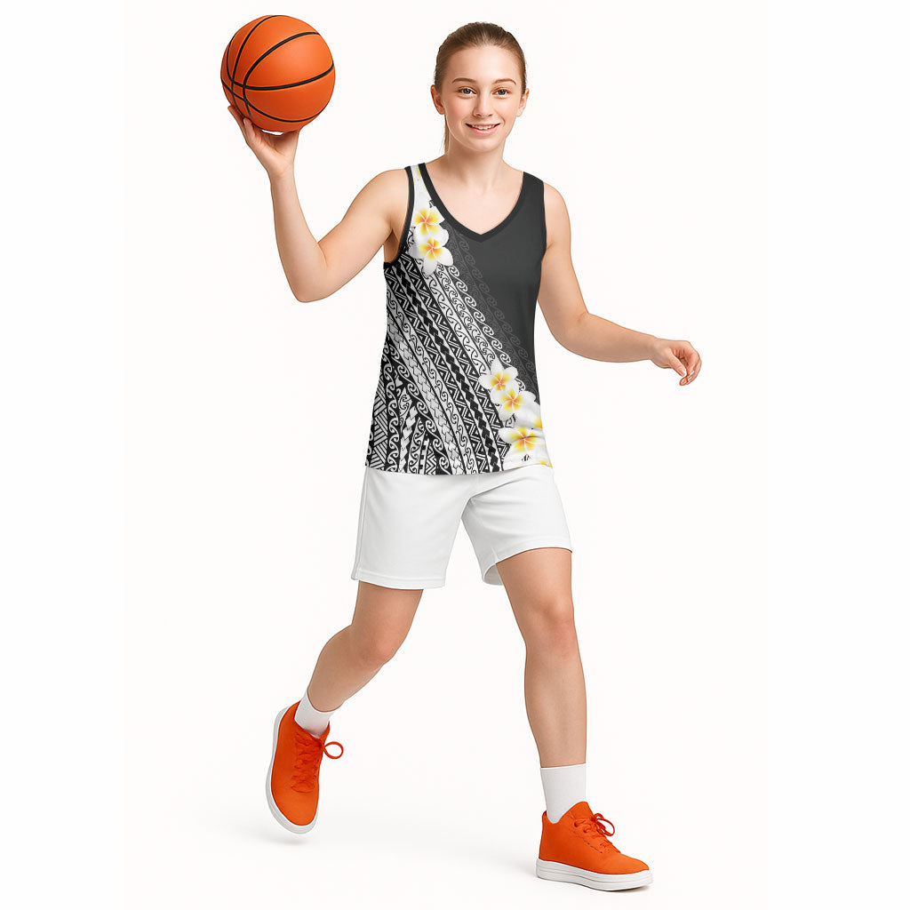 Tahiti Plumeria Tribal Pattern Basketball Jersey Wave Style Black LT05 - Polynesian Pride