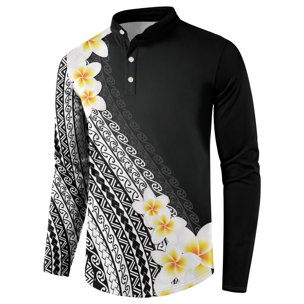 Tahiti Plumeria Tribal Pattern Button Sweatshirt Wave Style Black LT05 - Polynesian Pride