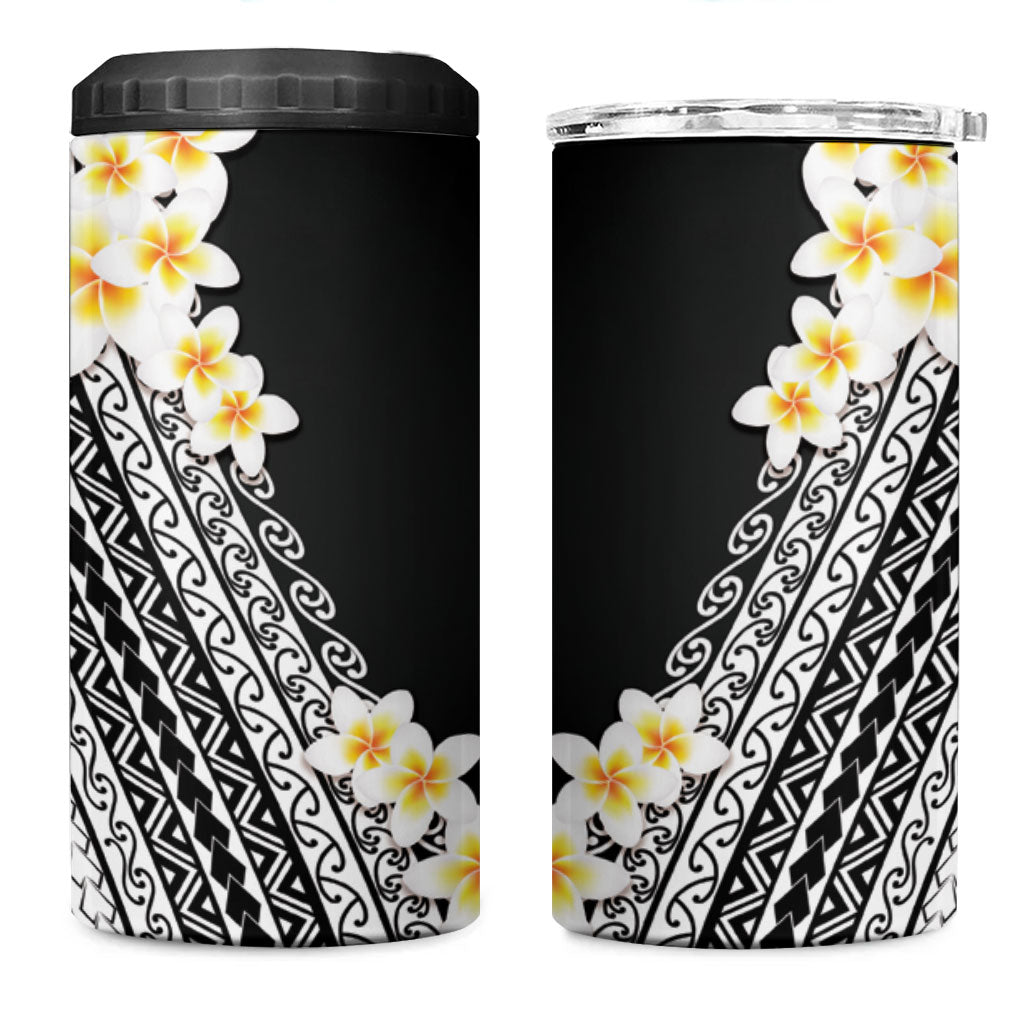 Tahiti Plumeria Tribal Pattern 4 in 1 Can Cooler Tumbler Wave Style Black LT05 One Size: 16 oz Black - Polynesian Pride