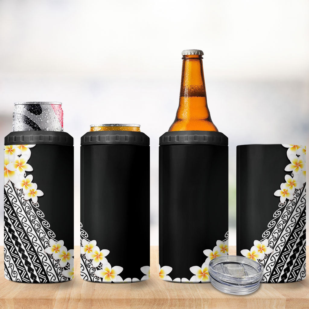 Tahiti Plumeria Tribal Pattern 4 in 1 Can Cooler Tumbler Wave Style Black LT05 - Polynesian Pride