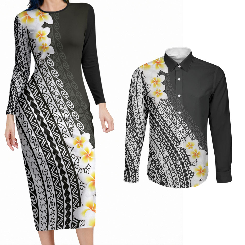 Tahiti Plumeria Tribal Pattern Couples Matching Long Sleeve Bodycon Dress and Long Sleeve Button Shirt Wave Style Black LT05 Black - Polynesian Pride