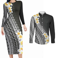 Tahiti Plumeria Tribal Pattern Couples Matching Long Sleeve Bodycon Dress and Long Sleeve Button Shirt Wave Style Black LT05 Black - Polynesian Pride