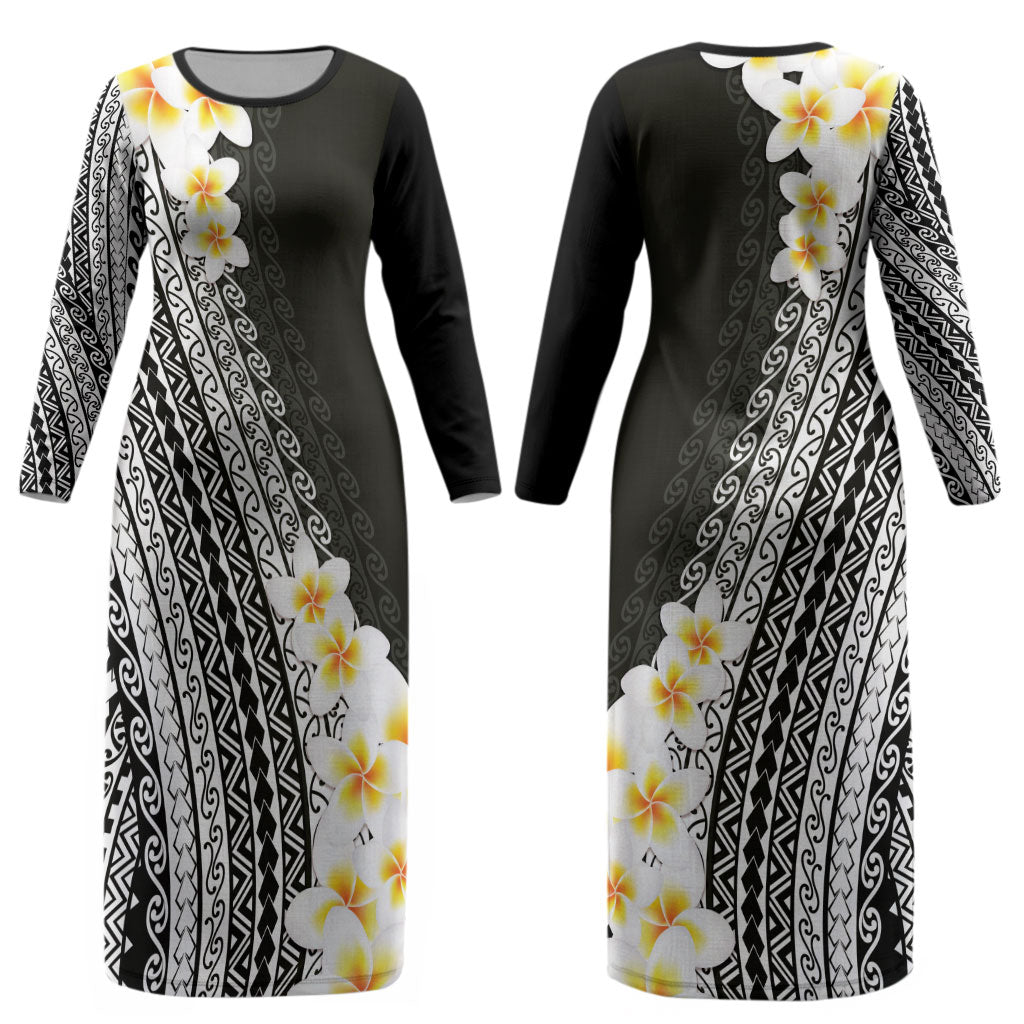 Tahiti Plumeria Tribal Pattern Couples Matching Long Sleeve Bodycon Dress and Long Sleeve Button Shirt Wave Style Black LT05 - Polynesian Pride