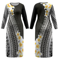 Tahiti Plumeria Tribal Pattern Couples Matching Long Sleeve Bodycon Dress and Long Sleeve Button Shirt Wave Style Black LT05 - Polynesian Pride