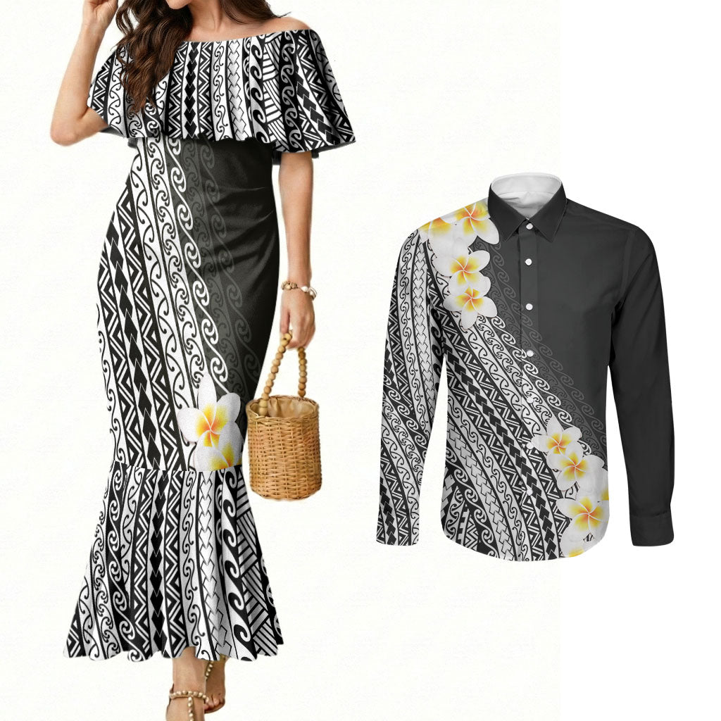 Tahiti Plumeria Tribal Pattern Couples Matching Mermaid Dress and Long Sleeve Button Shirt Wave Style Black LT05 Black - Polynesian Pride