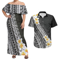 Tahiti Plumeria Tribal Pattern Couples Matching Off Shoulder Maxi Dress and Hawaiian Shirt Wave Style Black LT05 Black - Polynesian Pride
