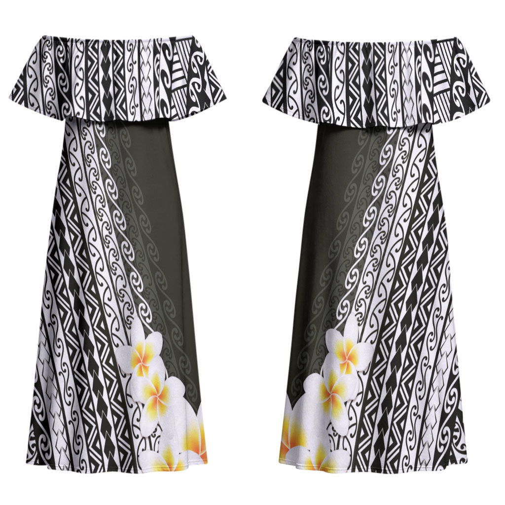 Tahiti Plumeria Tribal Pattern Couples Matching Off Shoulder Maxi Dress and Hawaiian Shirt Wave Style Black LT05 - Polynesian Pride