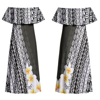 Tahiti Plumeria Tribal Pattern Couples Matching Off Shoulder Maxi Dress and Hawaiian Shirt Wave Style Black LT05 - Polynesian Pride