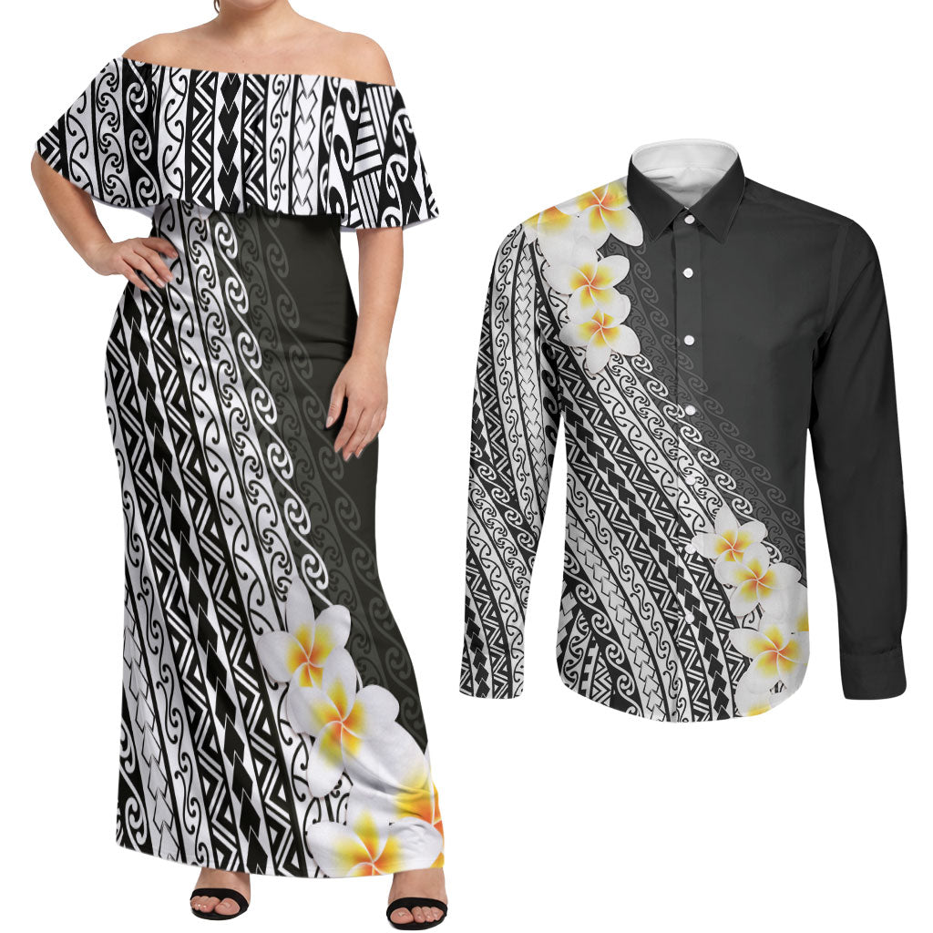 Tahiti Plumeria Tribal Pattern Couples Matching Off Shoulder Maxi Dress and Long Sleeve Button Shirt Wave Style Black LT05 Black - Polynesian Pride