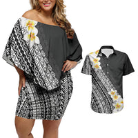 Tahiti Plumeria Tribal Pattern Couples Matching Off Shoulder Short Dress and Hawaiian Shirt Wave Style Black LT05 Black - Polynesian Pride