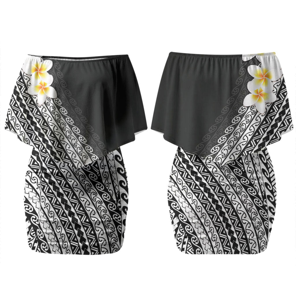 Tahiti Plumeria Tribal Pattern Couples Matching Off Shoulder Short Dress and Hawaiian Shirt Wave Style Black LT05 - Polynesian Pride