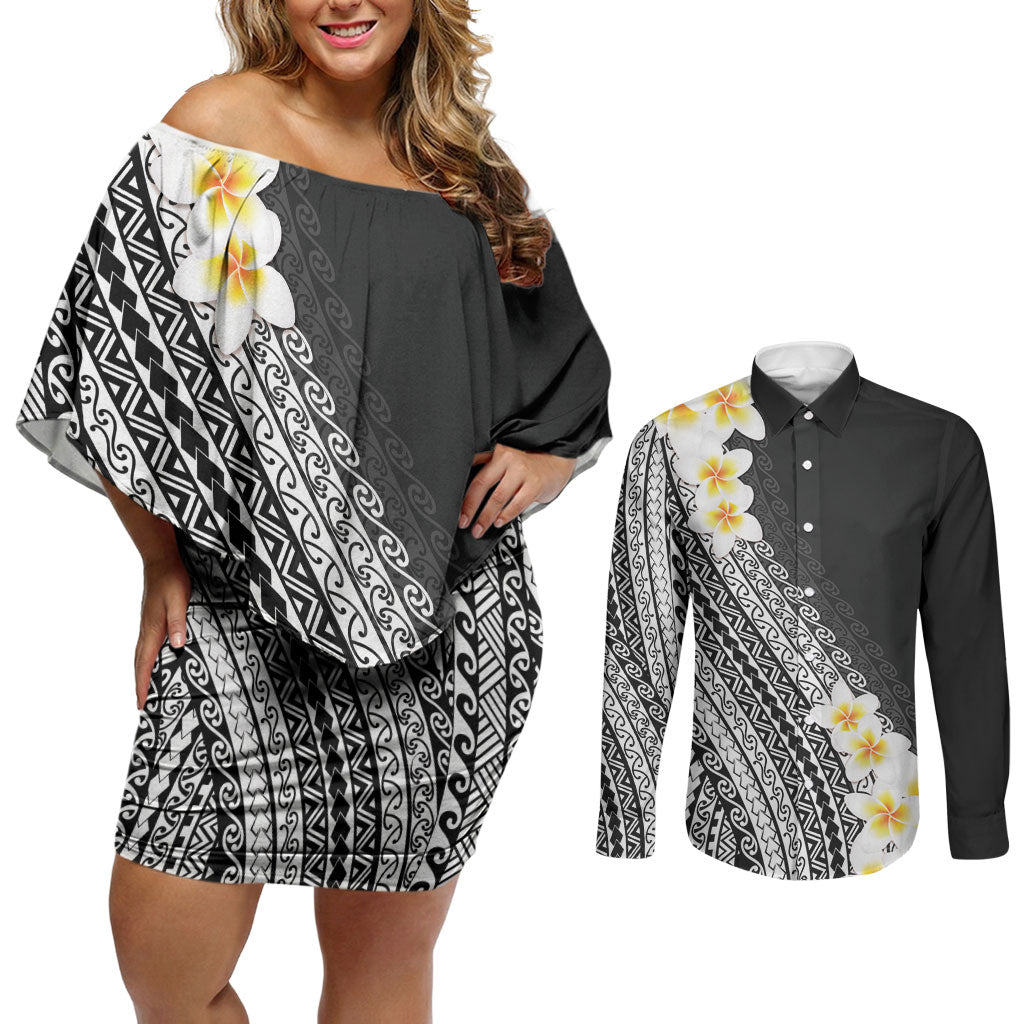 Tahiti Plumeria Tribal Pattern Couples Matching Off Shoulder Short Dress and Long Sleeve Button Shirt Wave Style Black LT05 Black - Polynesian Pride