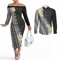 Tahiti Plumeria Tribal Pattern Couples Matching Off The Shoulder Long Sleeve Dress and Long Sleeve Button Shirt Wave Style Black LT05 Black - Polynesian Pride