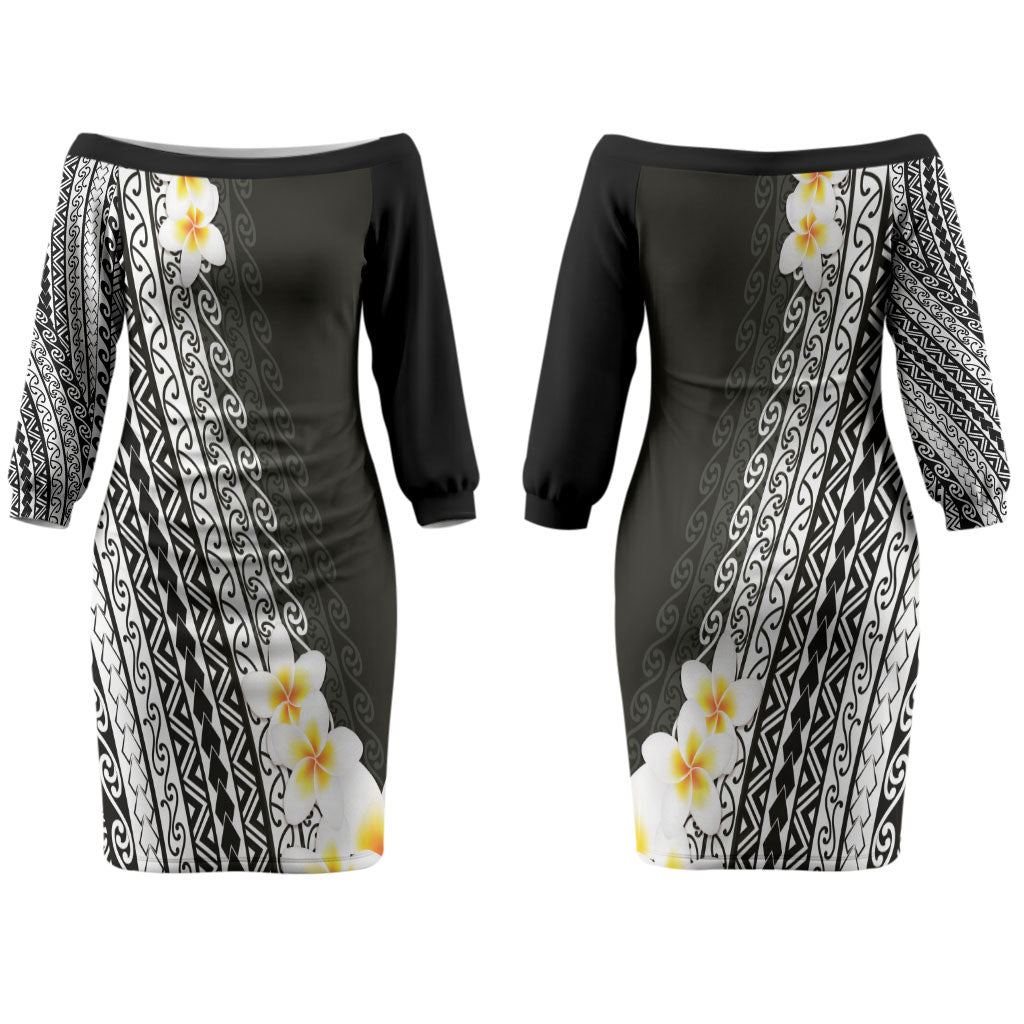 Tahiti Plumeria Tribal Pattern Couples Matching Off The Shoulder Long Sleeve Dress and Long Sleeve Button Shirt Wave Style Black LT05 - Polynesian Pride