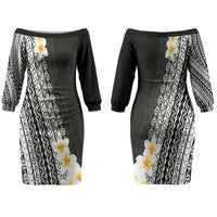 Tahiti Plumeria Tribal Pattern Couples Matching Off The Shoulder Long Sleeve Dress and Long Sleeve Button Shirt Wave Style Black LT05 - Polynesian Pride