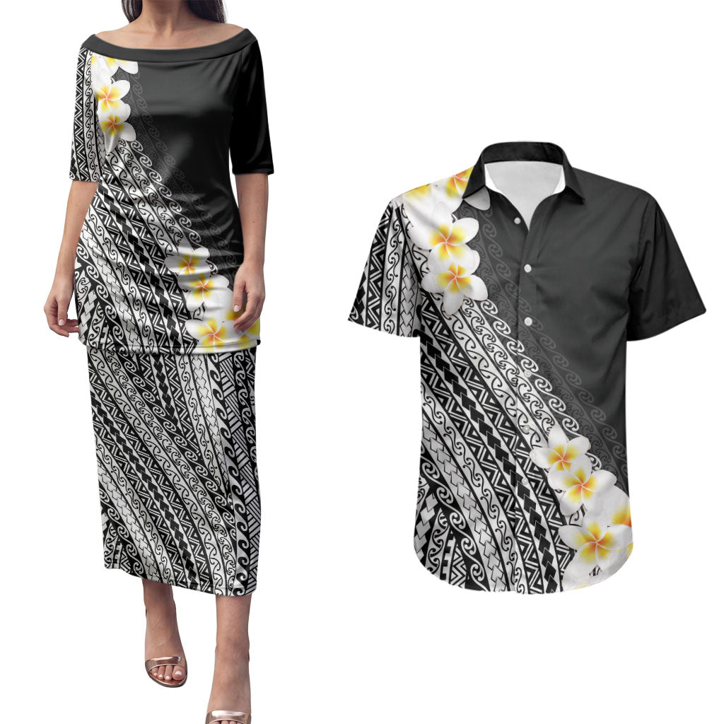 Tahiti Plumeria Tribal Pattern Couples Matching Puletasi and Hawaiian Shirt Wave Style Black LT05 Black - Polynesian Pride