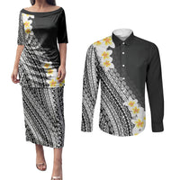 Tahiti Plumeria Tribal Pattern Couples Matching Puletasi and Long Sleeve Button Shirt Wave Style Black LT05 Black - Polynesian Pride
