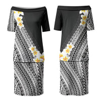 Tahiti Plumeria Tribal Pattern Couples Matching Puletasi and Long Sleeve Button Shirt Wave Style Black LT05 - Polynesian Pride