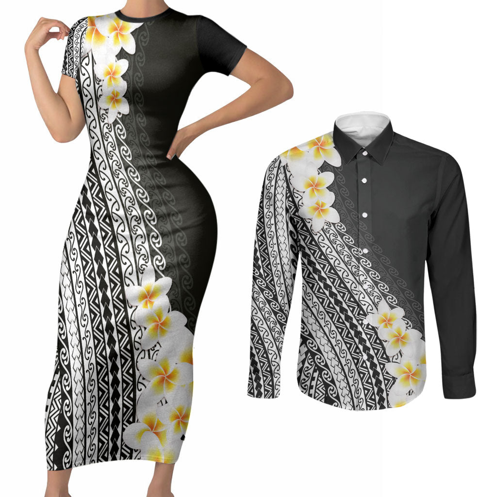 Tahiti Plumeria Tribal Pattern Couples Matching Short Sleeve Bodycon Dress and Long Sleeve Button Shirt Wave Style Black LT05 Black - Polynesian Pride