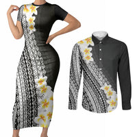 Tahiti Plumeria Tribal Pattern Couples Matching Short Sleeve Bodycon Dress and Long Sleeve Button Shirt Wave Style Black LT05 Black - Polynesian Pride