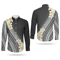 Tahiti Plumeria Tribal Pattern Couples Matching Short Sleeve Bodycon Dress and Long Sleeve Button Shirt Wave Style Black LT05 - Polynesian Pride