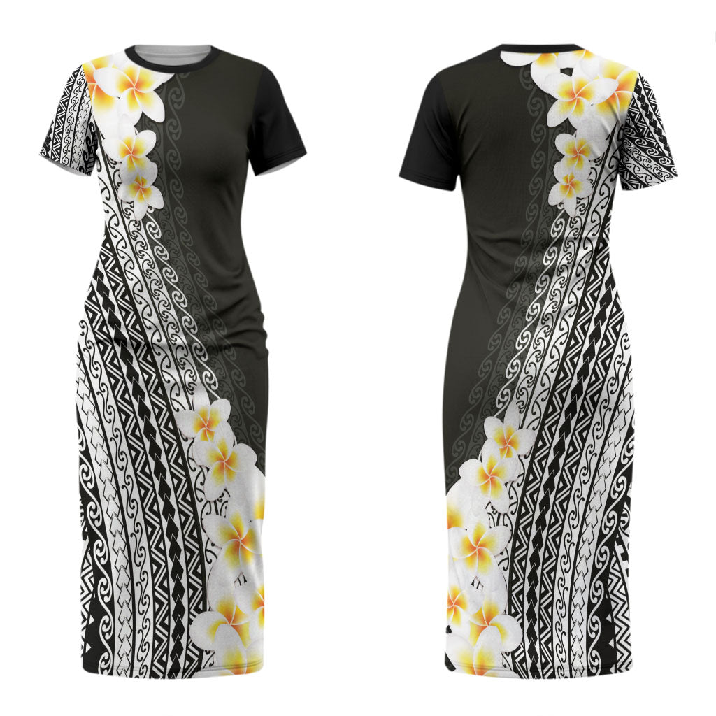 Tahiti Plumeria Tribal Pattern Couples Matching Short Sleeve Bodycon Dress and Long Sleeve Button Shirt Wave Style Black LT05 - Polynesian Pride