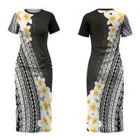 Tahiti Plumeria Tribal Pattern Couples Matching Short Sleeve Bodycon Dress and Long Sleeve Button Shirt Wave Style Black LT05 - Polynesian Pride