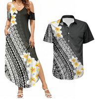 Tahiti Plumeria Tribal Pattern Couples Matching Summer Maxi Dress and Hawaiian Shirt Wave Style Black LT05 Black - Polynesian Pride