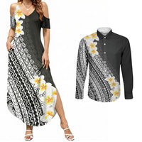 Tahiti Plumeria Tribal Pattern Couples Matching Summer Maxi Dress and Long Sleeve Button Shirt Wave Style Black LT05 Black - Polynesian Pride