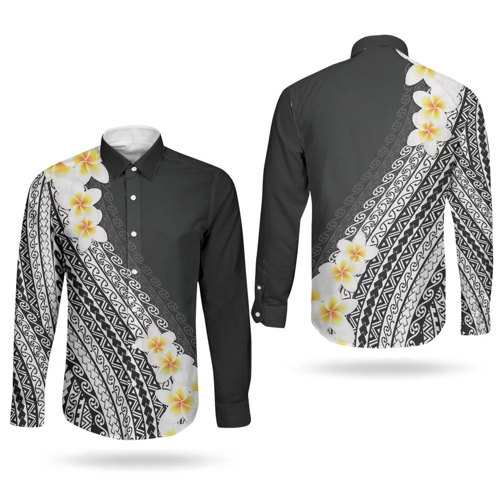 Tahiti Plumeria Tribal Pattern Couples Matching Summer Maxi Dress and Long Sleeve Button Shirt Wave Style Black LT05 - Polynesian Pride